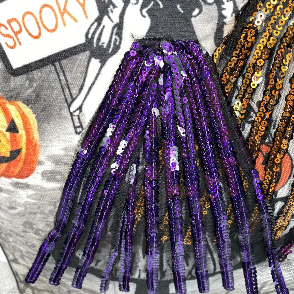 Rachel Zoe Table Runner Halloween 16x72 Gray Witches Sequins Pumpkins Bats Owl